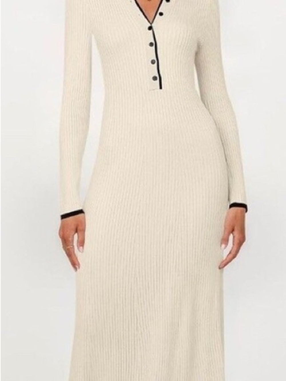 Ribbed Long Sleeve V-Neck Knit Dress in Cream